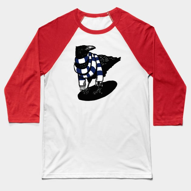 Big Dark Blue and White Scarfed Crow Baseball T-Shirt by LiquoriceLino